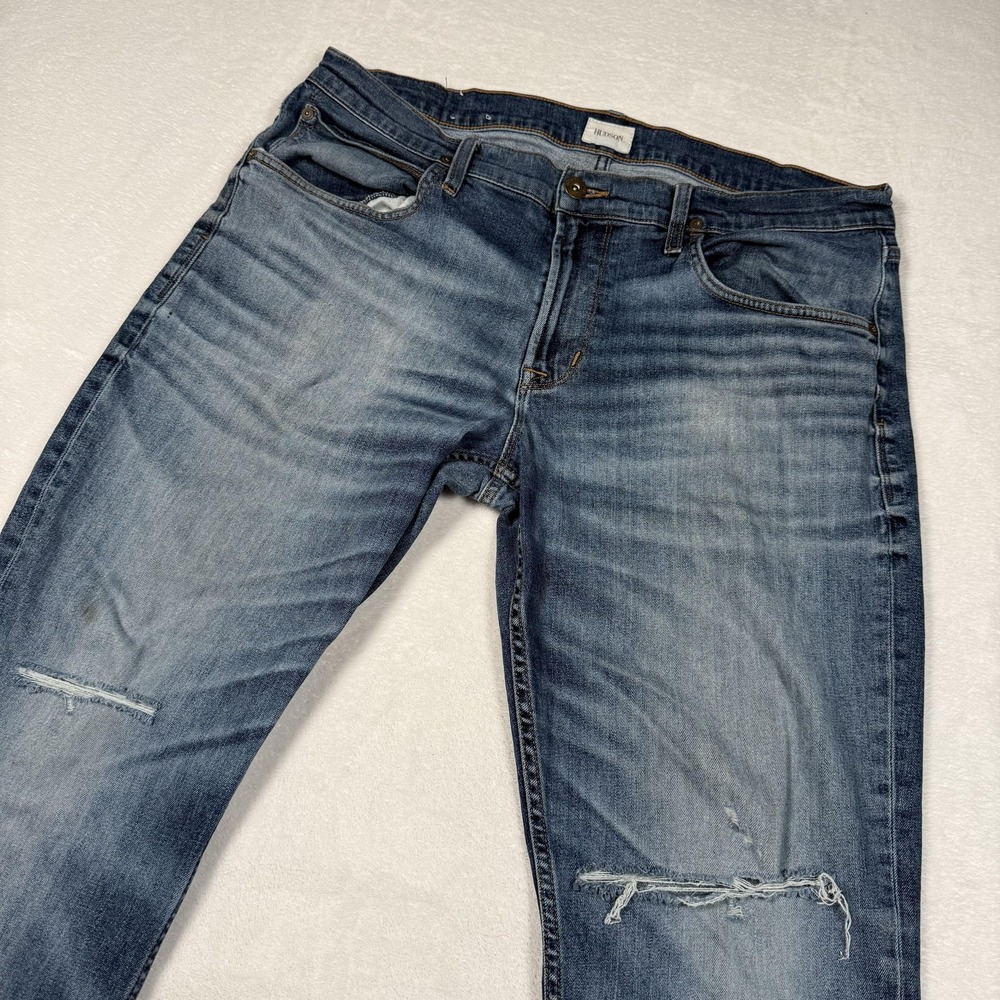 Hudson‎ Jeans Mens 38x32 Blue Distressed Straight Leg Stretch Denim Medium Wash